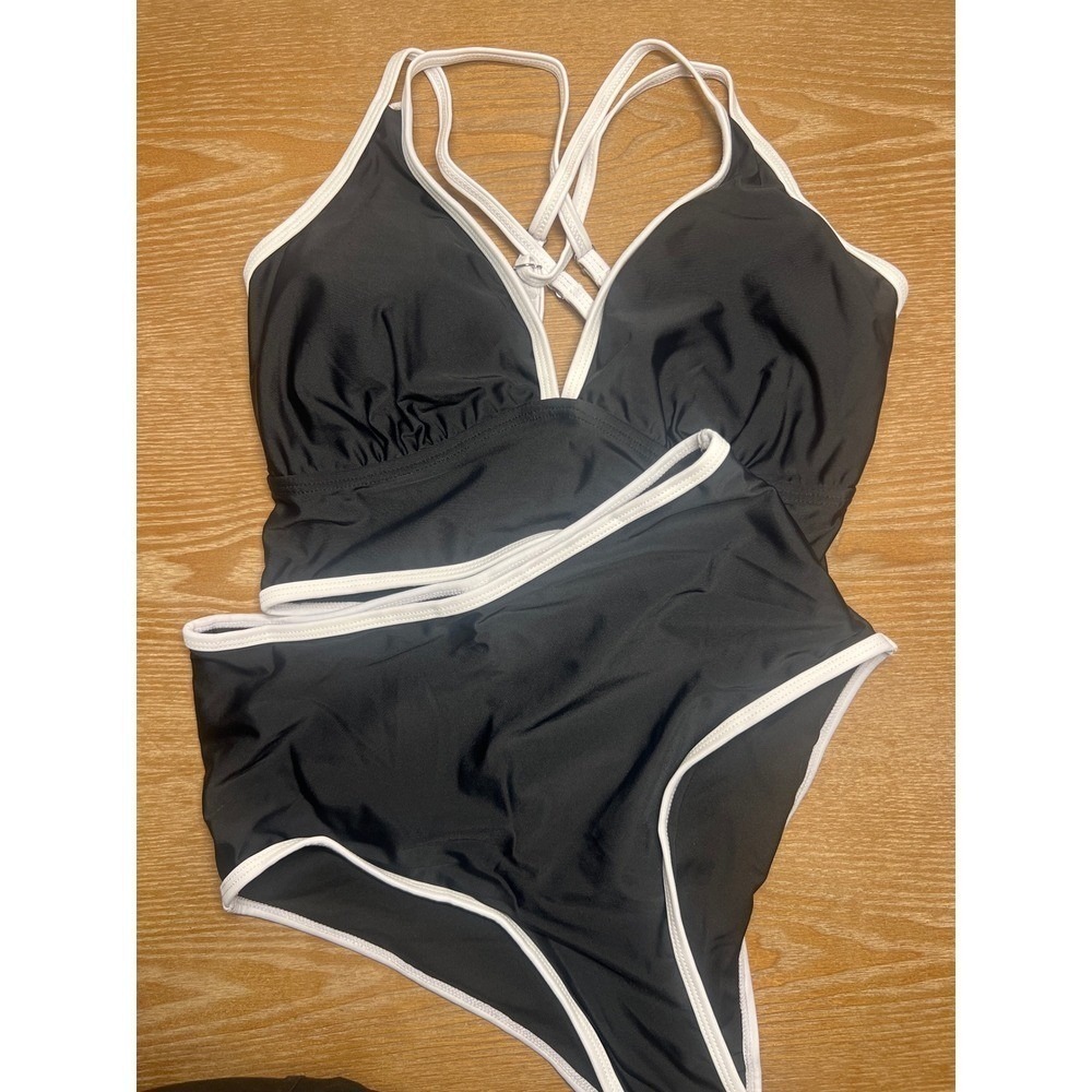 Dokotoo Womens Black White Contrast Trim High Waisted Bikini Set NWT - Picture 3 of 6